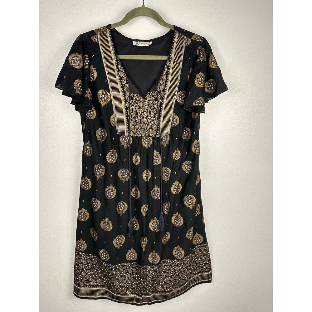 Lapogee Women's tunic dress Black and gold Size Medium Boho Kaftan